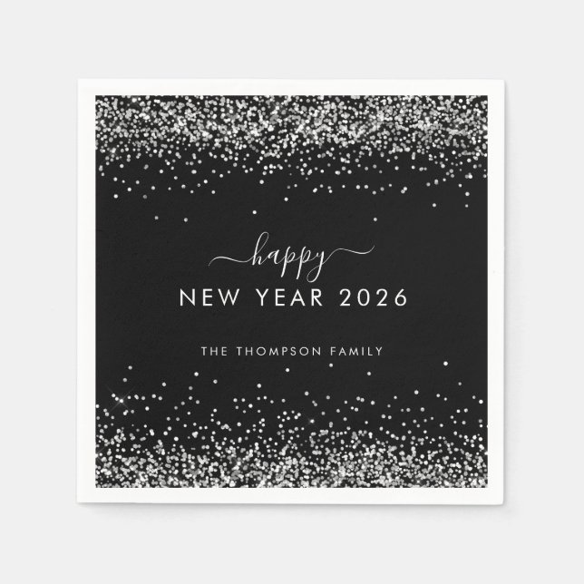 Serviette En Papier Silver Parties scintillant Nom Black Happy New Yea (Devant)