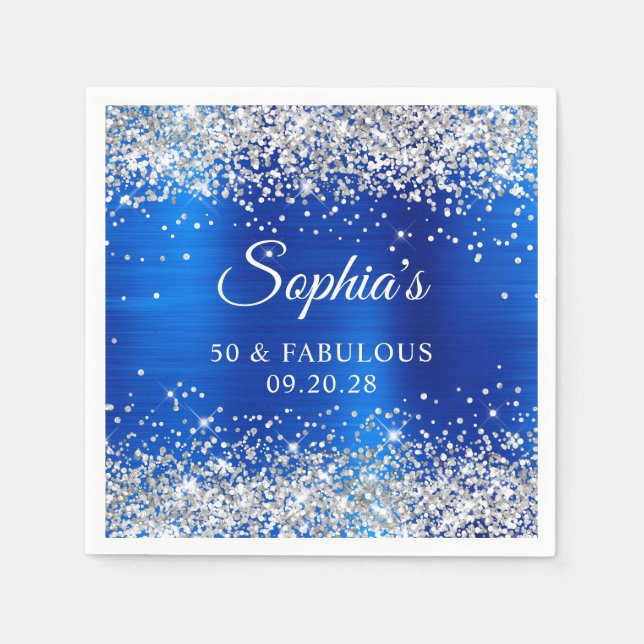 Serviette En Papier Silver Parties scintillant Royal Blue Foil 50 & Fa (Devant)