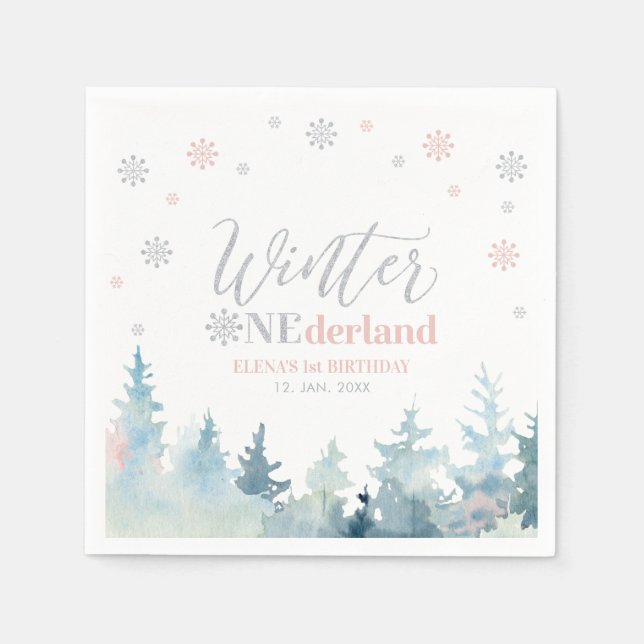 Serviette En Papier Silver & Pink Winter Onederland 1ère fête d'annive (Devant)