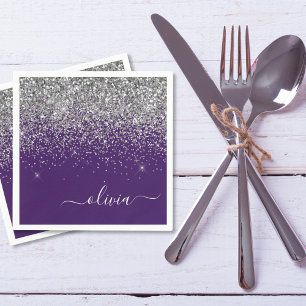 Serviette En Papier Silver Purple Parties scintillant Girl Monogramme