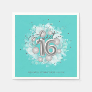 Serviette En Papier Silver Sweet 16 Anniversaire Balloons Party Turquo