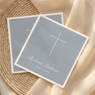 Serviette En Papier Simple Baptême Croix Bleu Poussiéreux Script