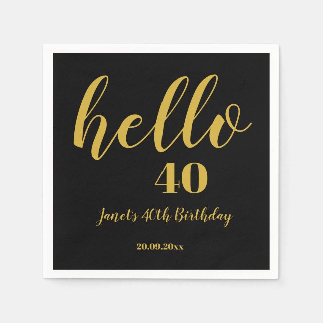 Serviette En Papier Simple Black & Gold Bonjour 40ème fête d'anniversa (Devant)