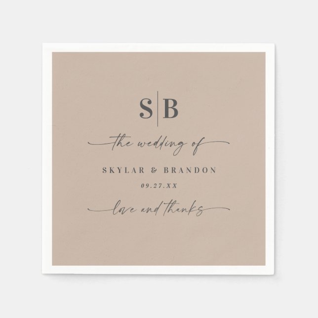 Serviette En Papier Simple couleur solide Taupe Beige Mariage monogram (Devant)