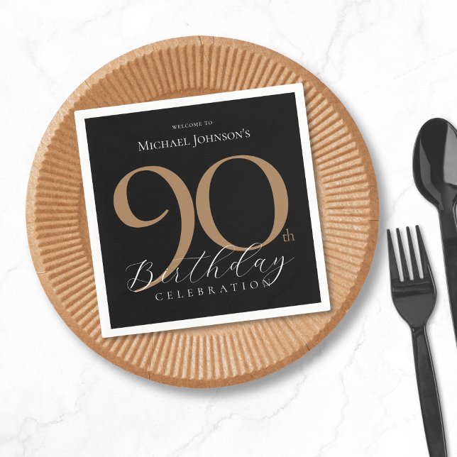 Serviette En Papier Simple élégant Black Gold 90e anniversaire (Simple Elegant Black Gold 90th Birthday Napkins)