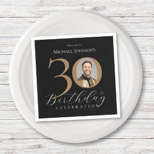 Serviette En Papier Simple Elegant Black Gold Photo 30e anniversaire