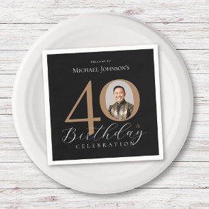 Serviette En Papier Simple Elegant Black Gold Photo 40th Birthday