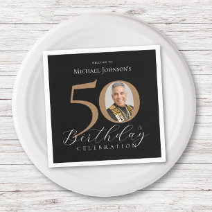 Serviette En Papier Simple Elegant Black Gold Photo 50e anniversaire