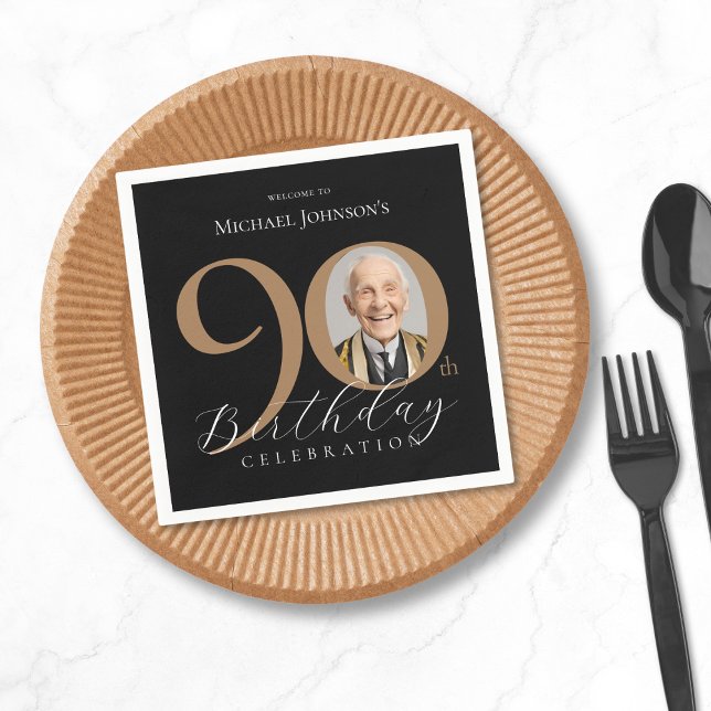 Serviette En Papier Simple Elegant Black Gold Photo 90e anniversaire (Simple Elegant Black Gold Photo 90th Birthday Napkins)
