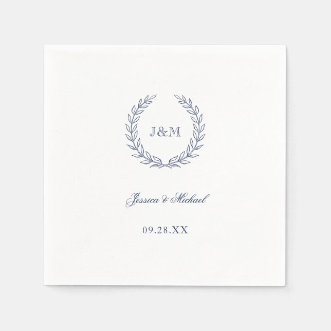 Serviette En Papier Simple élégant Mariage de monogramme bleu marine (Devant)