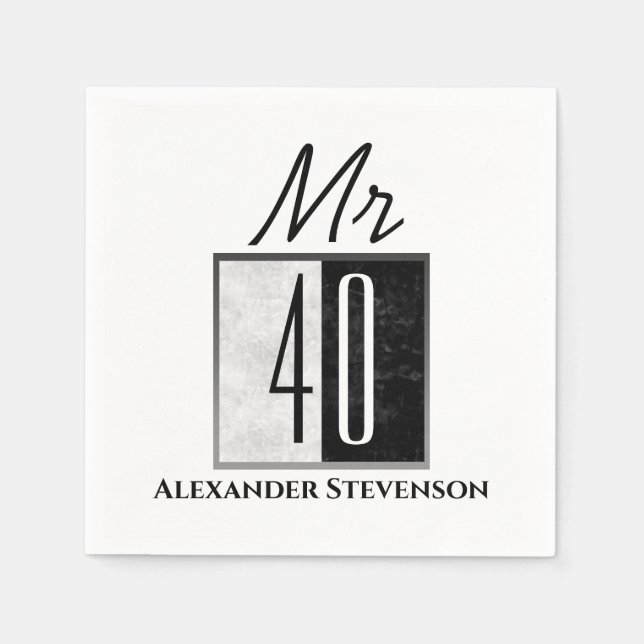 Serviette En Papier Simple Elegant Noir & Blanc 40e fête d'anniversair (Devant)