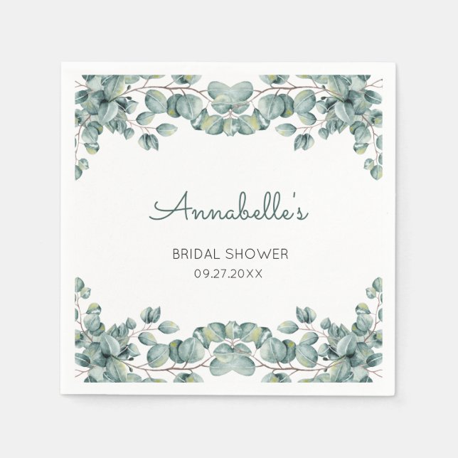 Serviette En Papier Simple Eucalyptus Vert Fête de Fiançailles Blanche (Devant)