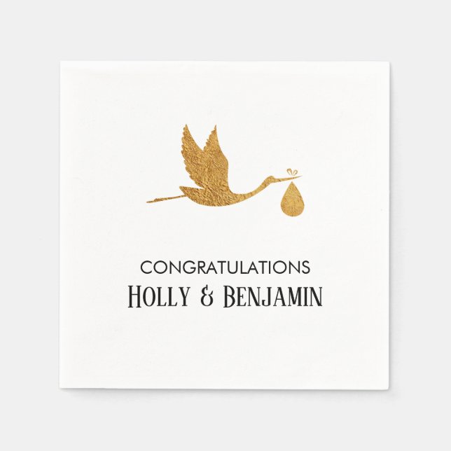 Serviette En Papier Simple Faux Gold Stork Baby shower Félicitations (Devant)
