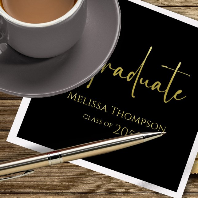 Serviette En Papier Simple Graduation Gold Script Custom (Black and gold graduation custom napkins.)