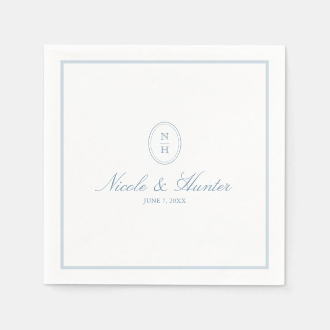 Serviette En Papier Simple Mariage Bleu Poussiéreux Blason Monogramme (Devant)