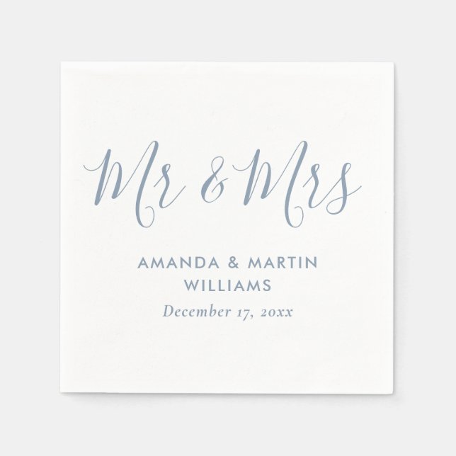 Serviette En Papier Simple moderne Dusty Blue Script M. et Mme Mariage (Devant)