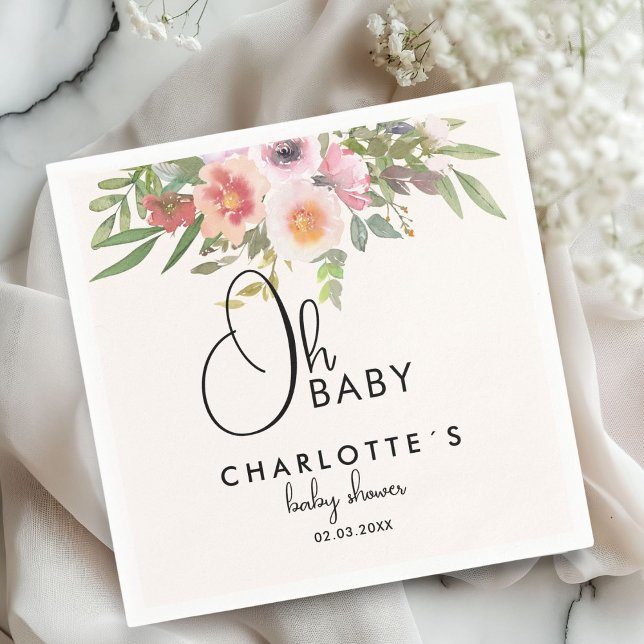 Serviette En Papier Simple, pub (Simple, watercolor, flowers Baby Shower Napkins with your name and date.)