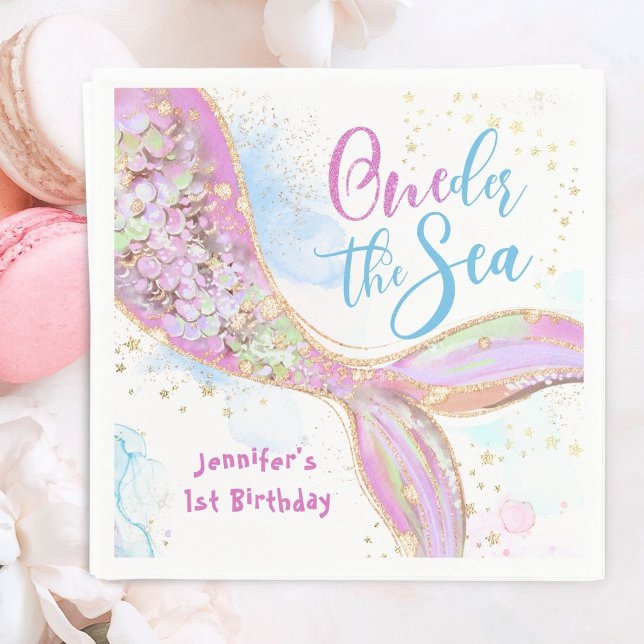 Serviette En Papier Sirène 1er Anniversaire Derrière La Mer Rose (Créateur téléchargé)