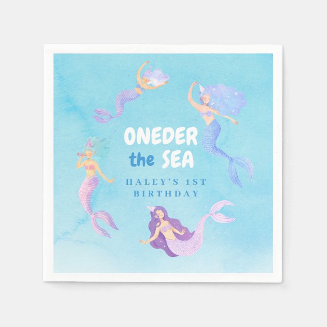 Serviette En Papier Sirène 1er anniversaire ONEder mer bleu Budget (Devant)