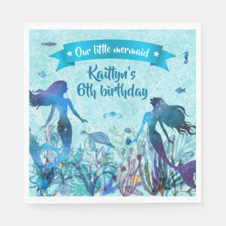 Serviette En Papier Sirène d'aquarelle sous la mer fête d'anniversaire
