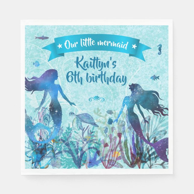 Serviette En Papier Sirène d'aquarelle sous la mer fête d'anniversaire (Devant)