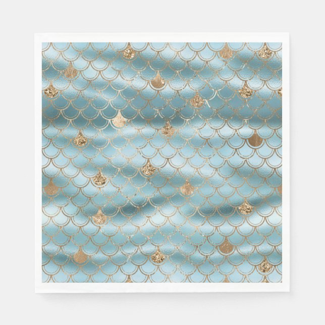 Serviette En Papier Sirène Parties scintillant or bleu Aqua (Devant)