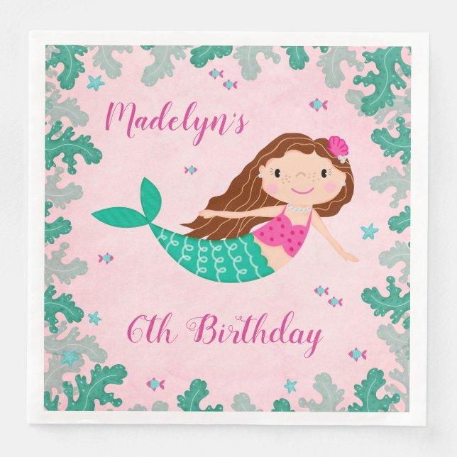 Serviette En Papier Sirène rose Sous La Mer Anniversaire (Devant)