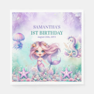 Serviette En Papier Sirène sous la mer violet et turquoise 1er anniver