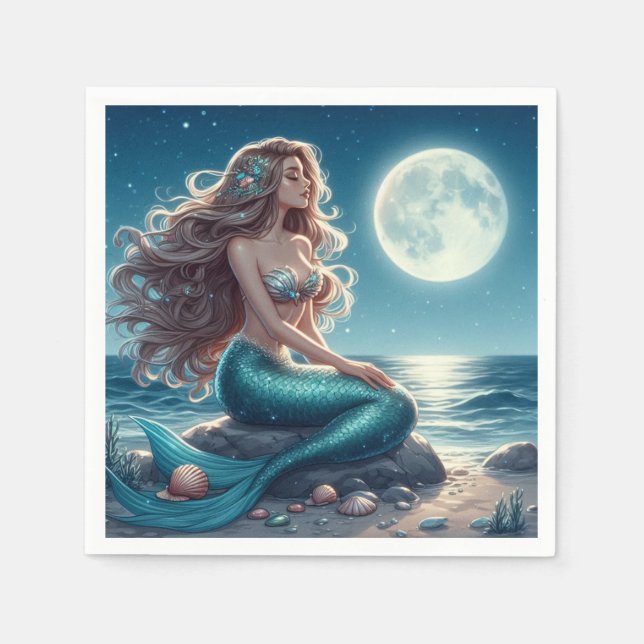 Serviette En Papier Sirène sur la plage la nuit (Devant)
