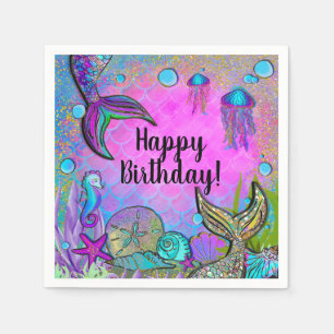 Serviette En Papier Sirènes et Coquillages Fête Rose Étincelante