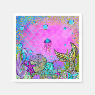 Serviette En Papier Sirènes et Coquillages Fête Rose Étincelante