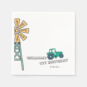 Serviette En Papier Sketchy Green Tractor Farm Windmill Boy Anniversai