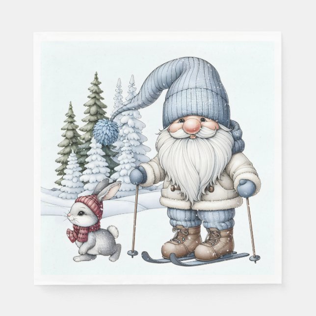 Serviette En Papier Ski Gnome avec un lapin dans les flocons de neige (Devant)