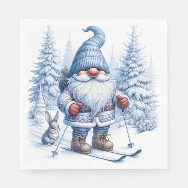 Serviette En Papier Ski Gnome d'hiver avec un lapin (Devant)