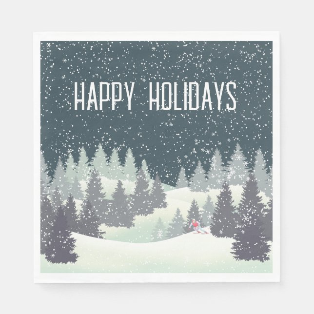 Serviette En Papier Skier de Noël aux pins d'hiver (Devant)