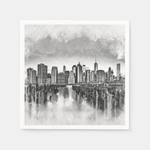 Serviette En Papier Skyline New York City Manhattan - noir et blanc