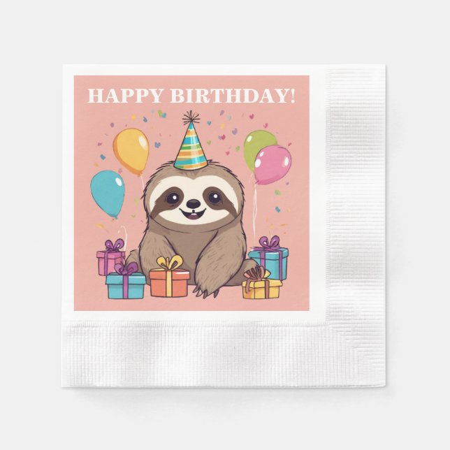 Serviette En Papier Sloth Girl Joyeux Anniversaire rose Personnalisé (Devant)