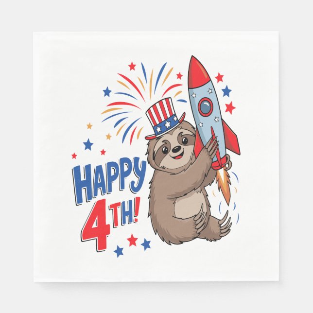 Serviette En Papier Sloth Happy 4th Rocket Fireworks USA (Devant)