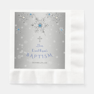Serviette En Papier Snowflakes Silver Cristaux Perles Garçon Gris Bapt