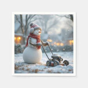Serviette En Papier Snowman poussant une vieille tondeuse à balais