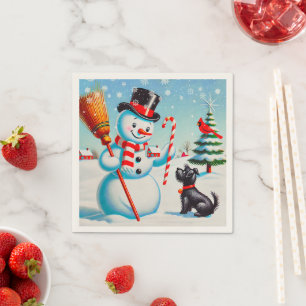 Serviette En Papier Snowman Rétro, Chien Maigre, Cardinal Rouge Et Arb