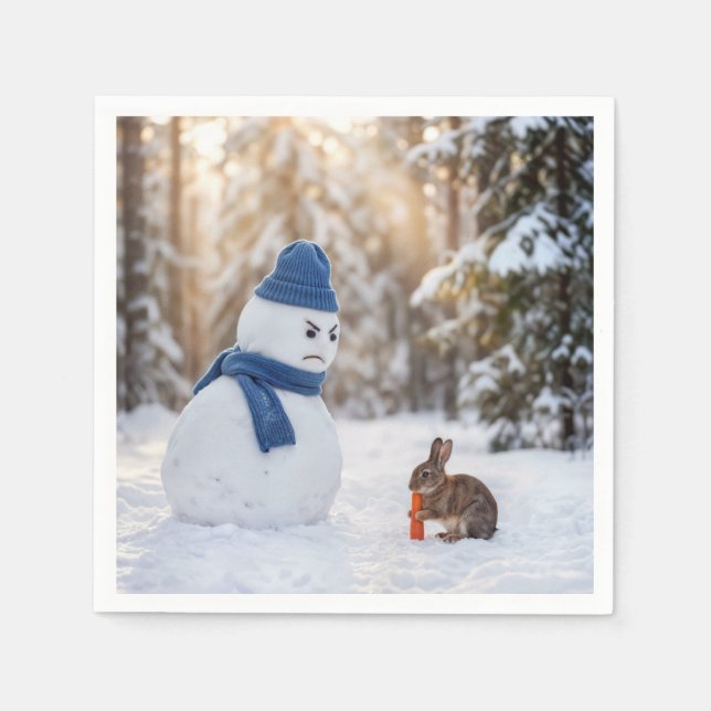 Serviette En Papier Snowman Scowling at a Rabbit (Devant)
