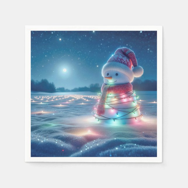 Serviette En Papier Snowman Tangé Dans Les Lumières De Noël (Devant)