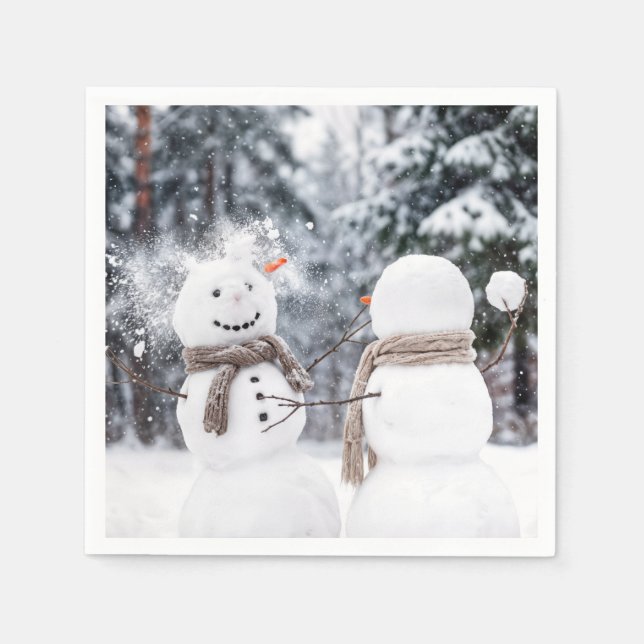 Serviette En Papier Snowmen Having a Snowball Fight (Devant)