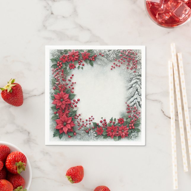 Serviette En Papier Snowy Evergreen Poinsettia Floral Frame Decoupage (En situation)