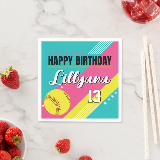 Serviette En Papier Softball rose Turquoise Jaune fête d'anniversaire, (En situation)