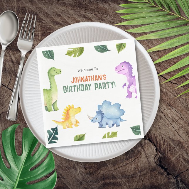 Serviette En Papier Soirée Anniversaire de enfant Dinosaure aux couleu (Cute Colorful Dinosaur Kids Birthday Party Napkins)