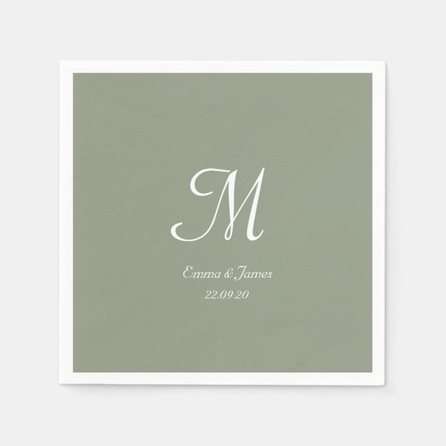 Serviette En Papier Soirée de mariage Elégant Sage Green & White Monog (Devant)