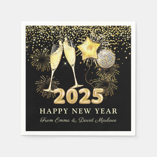 Serviette En Papier Soirée du Nouvel An 2025 Gold Black Modern (Devant)