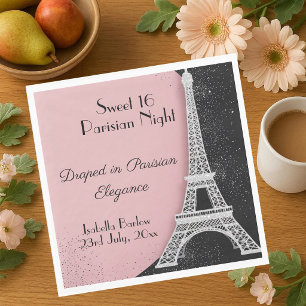 Serviette En Papier Soirée Parisienne Tour Eiffel Paillettes Rose Douz